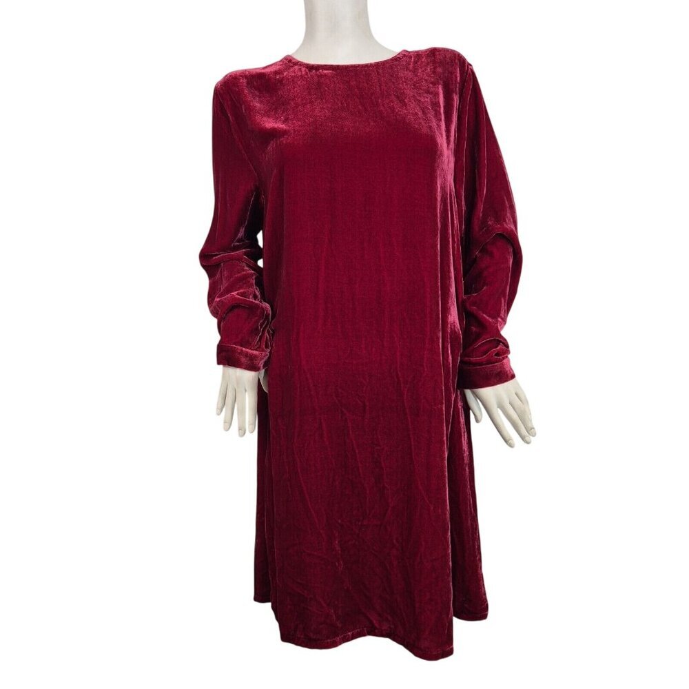 Eileen Fisher Women's Size M Ruby Red Silk Velvet Crew Neck Knee Length Dress 53